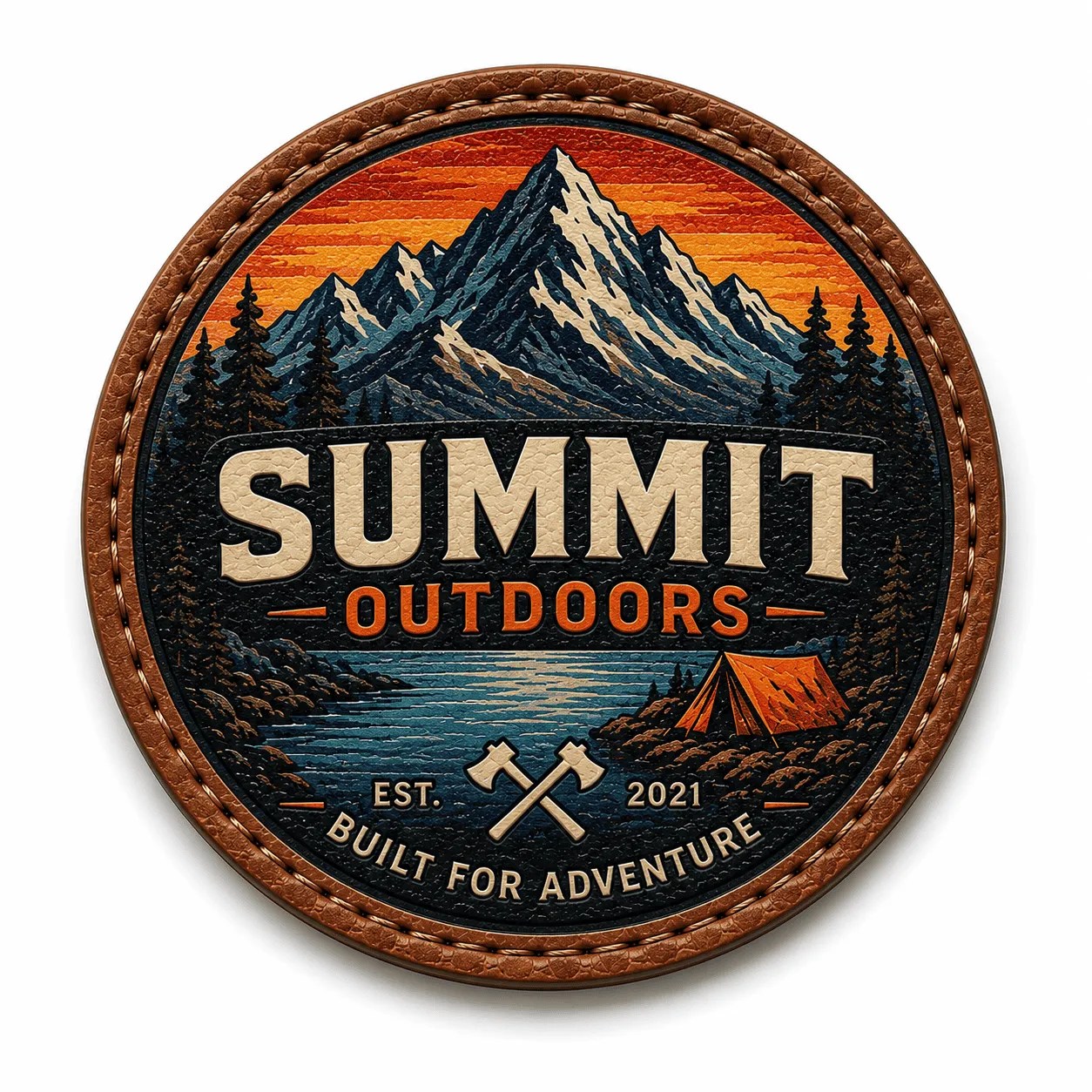 Outdoor adventure leather patch with mountain and lake design.