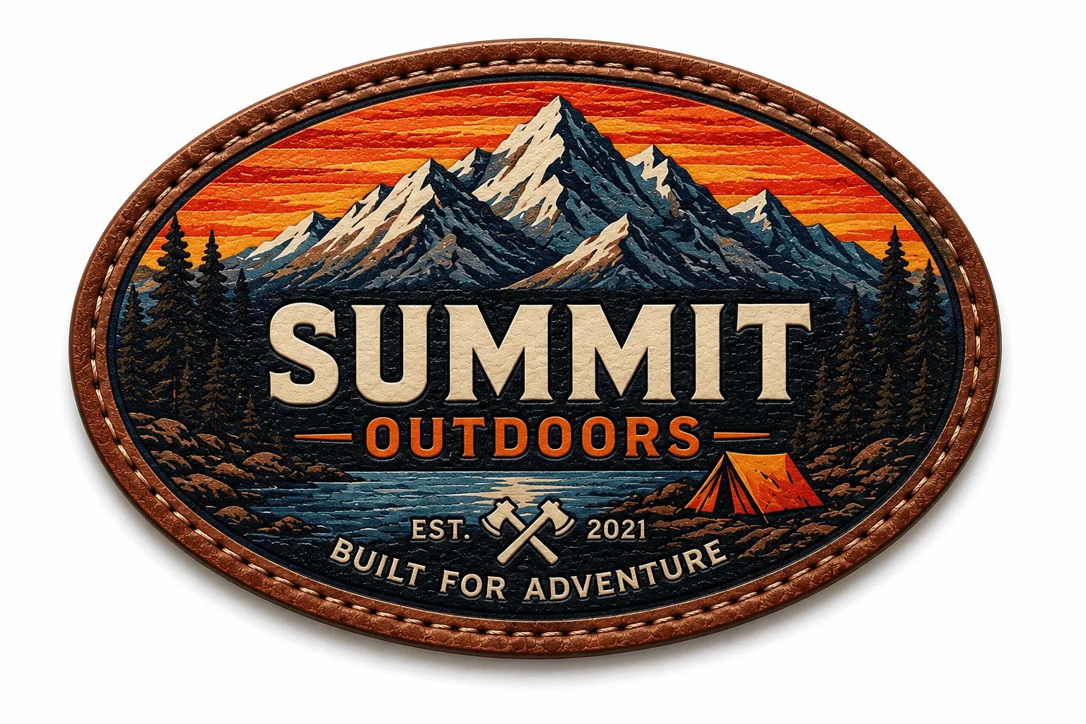 Outdoor mountain summit patch with tent and trees design.