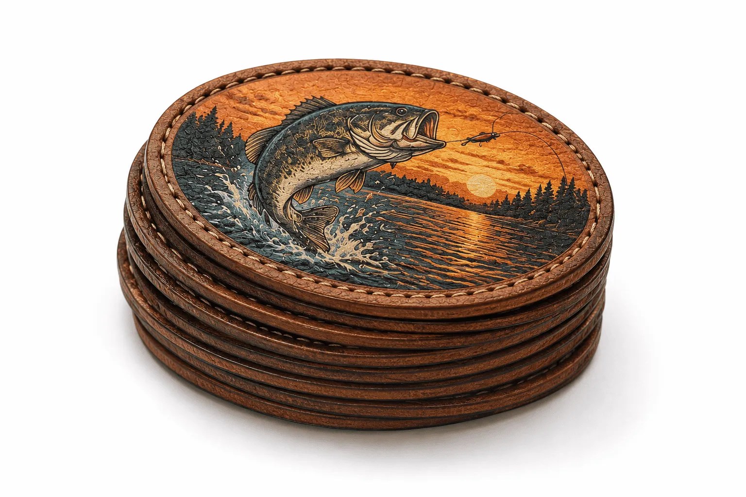 Oval leather patch featuring a fish jumping out of water at sunset.