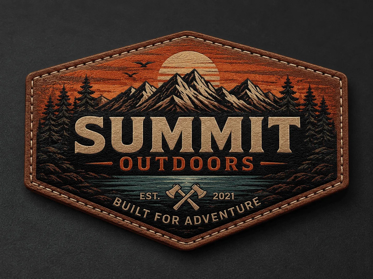 Leather patch with mountain, trees, and sunset design for outdoor gear.