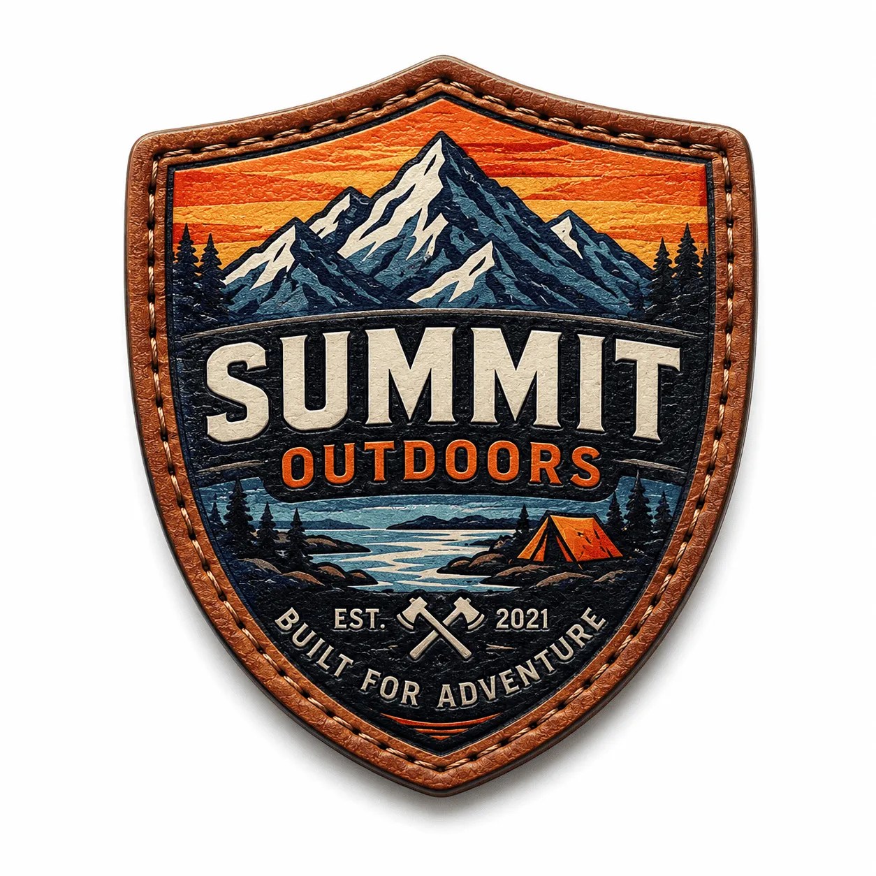 Outdoor mountain and lake scene leather patch with tent and trees.