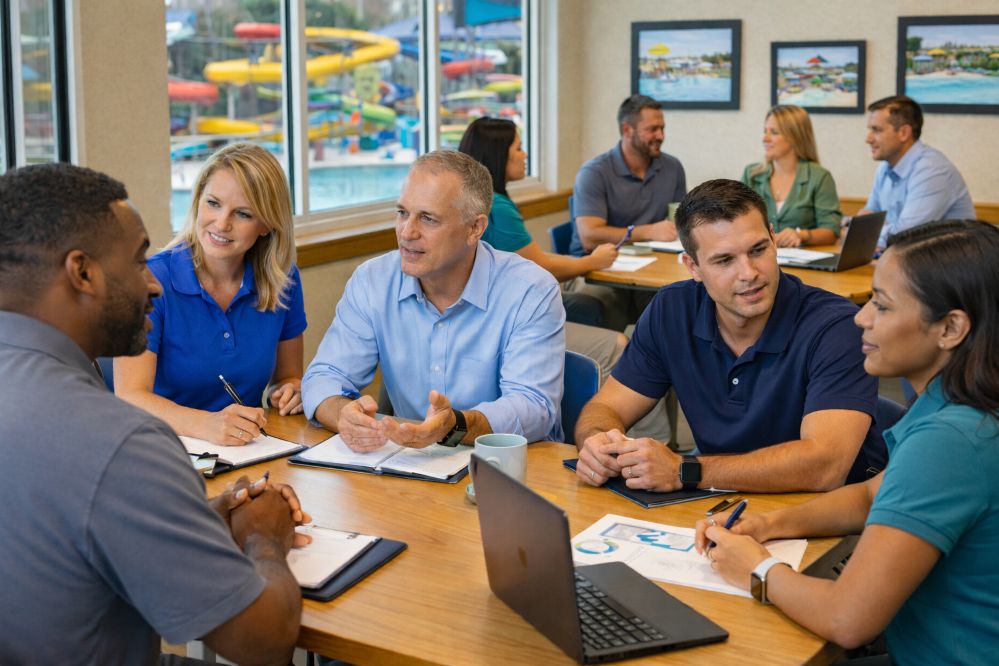 Waterpark leadership team including managers and department leads meeting in small groups during off-season strategic analysis and planning, discussing insights and next steps in a bright breakroom.