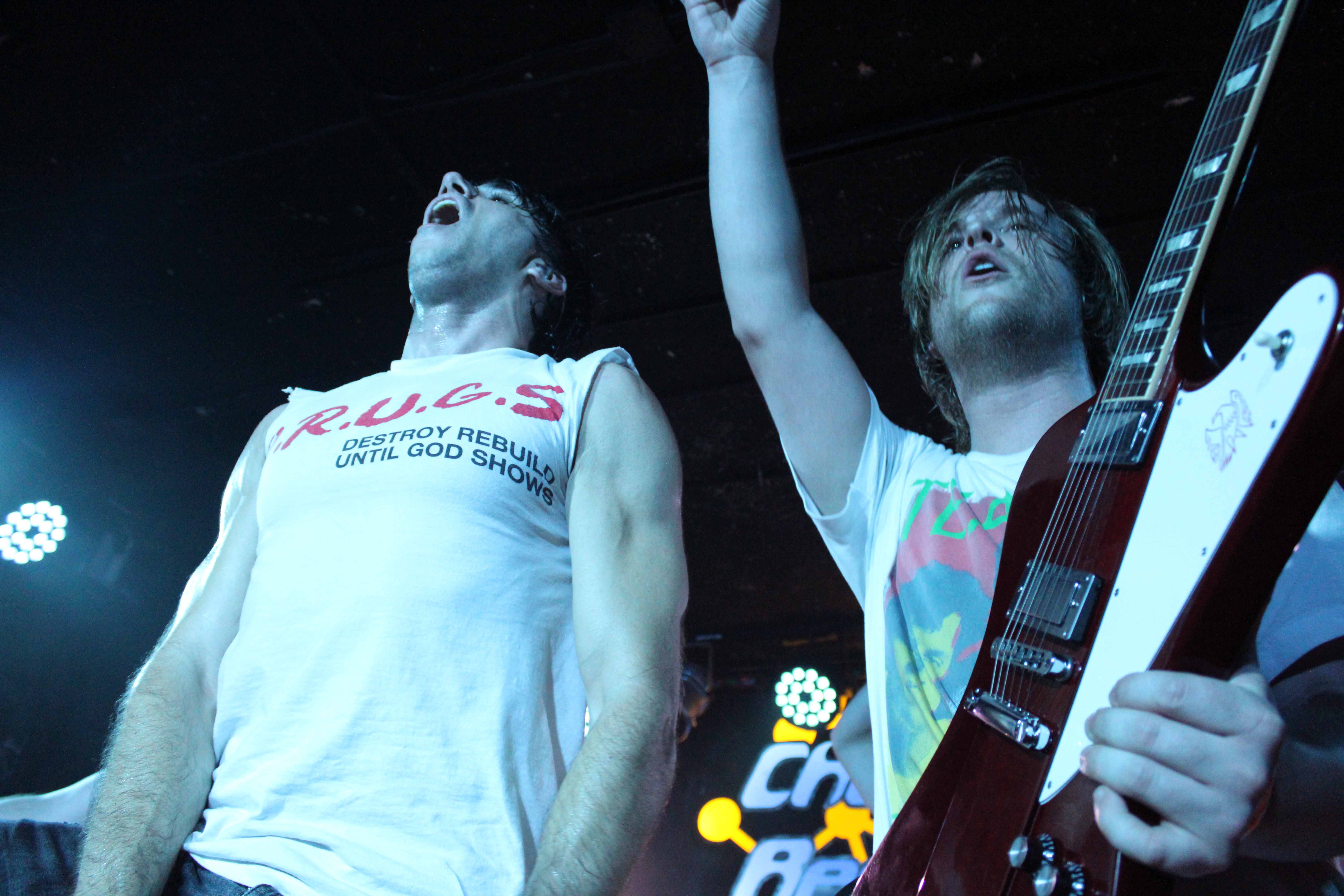 Alex Ryan (left, lead singer) and Marcus Leopard (right, guitarist) of pop-punk band First and Forever opening for Broadside at Chain Reaction. (Photo by Pamela Garcia)