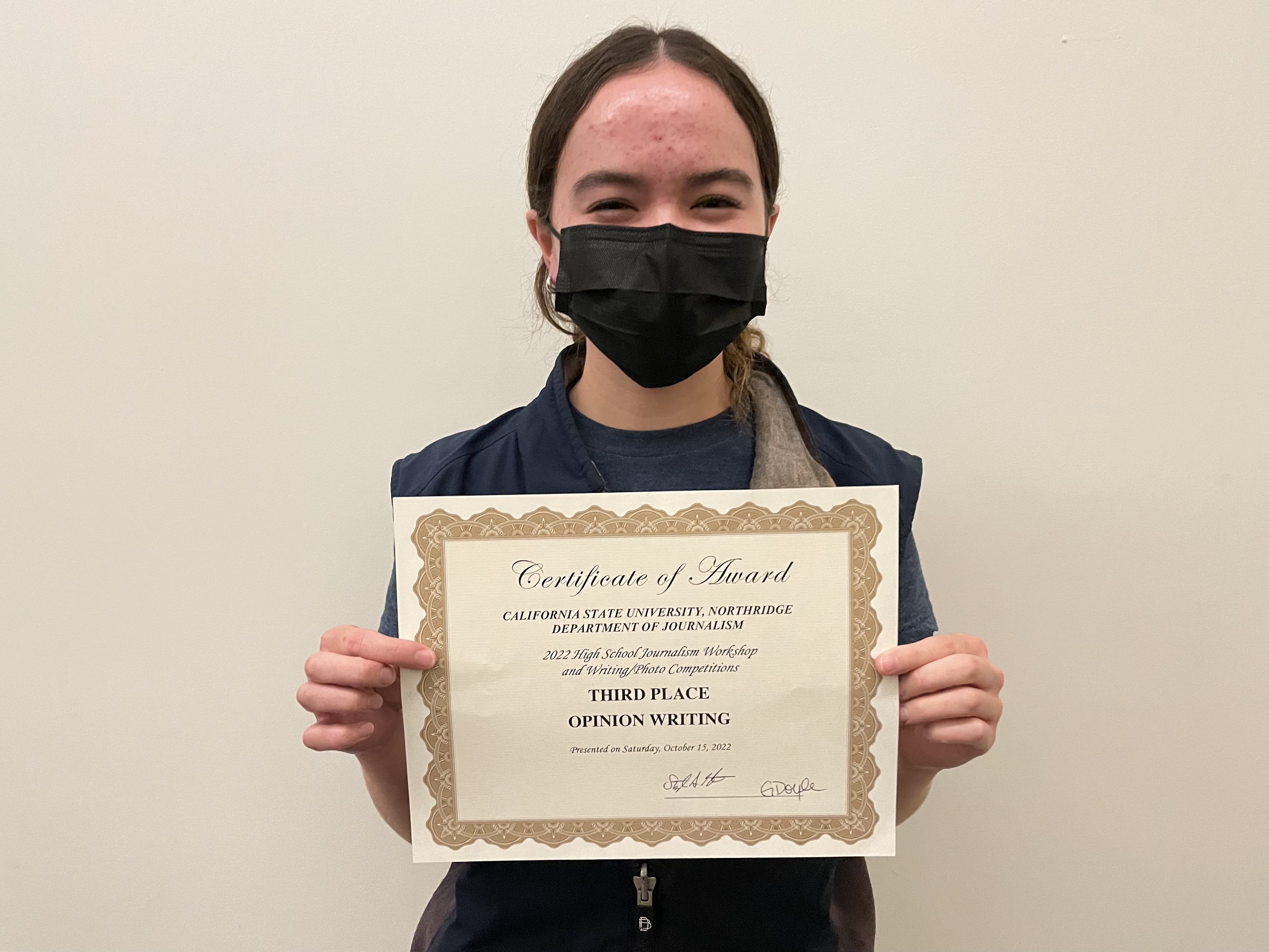 Foothill Technology High School student Tessa Shinden wins third place in opinion writing. (Isabella Balandrán / HS Insider)