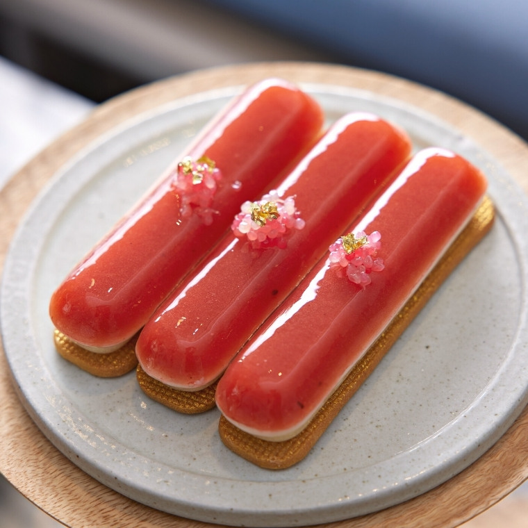 Rhubarb and strawberry petit gâteau, yuzu ganache, finger lime - supplied image