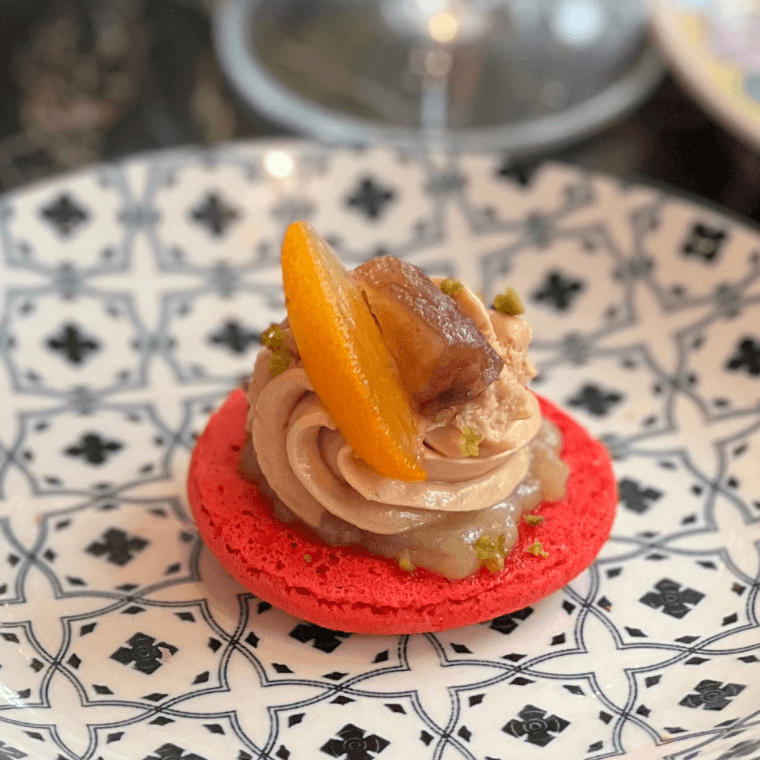 Signature Kaya Jam And Foie Gras - Pickled Kumquat, Marron Glacé, Chilli Macaron