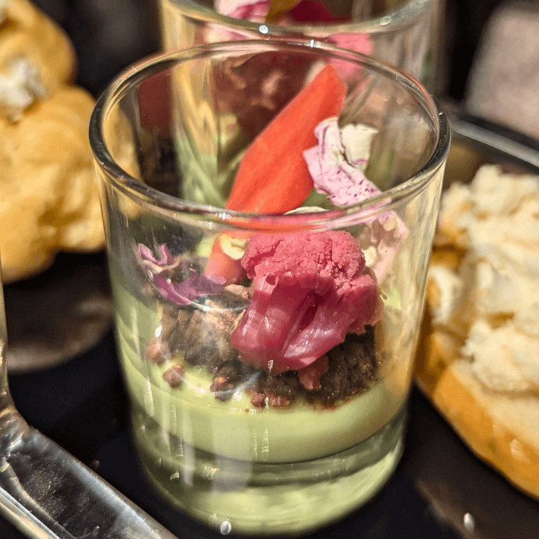 Petite carrot, cauliflower, radish, avocado, dark chocolate, rose petals