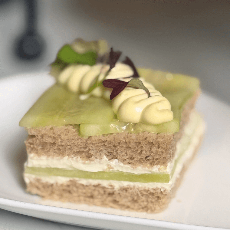 Compressed cucumber, yuzu, mint, whipped mascarpone, rye bread