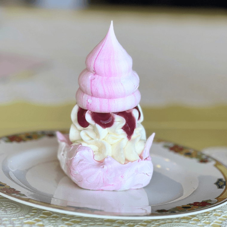 Marbled Meringues with Vanilla Cream and Raspberry Coulis