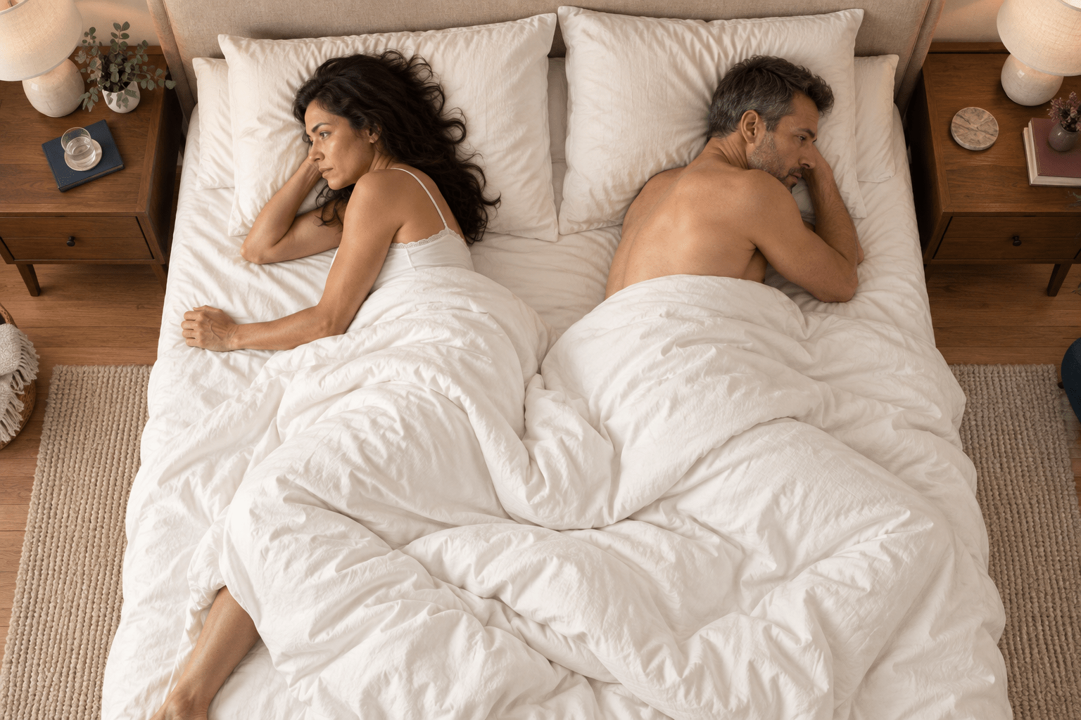 Couple lying apart in bed while experiencing emotional distance related to erectile dysfunction and performance anxiety