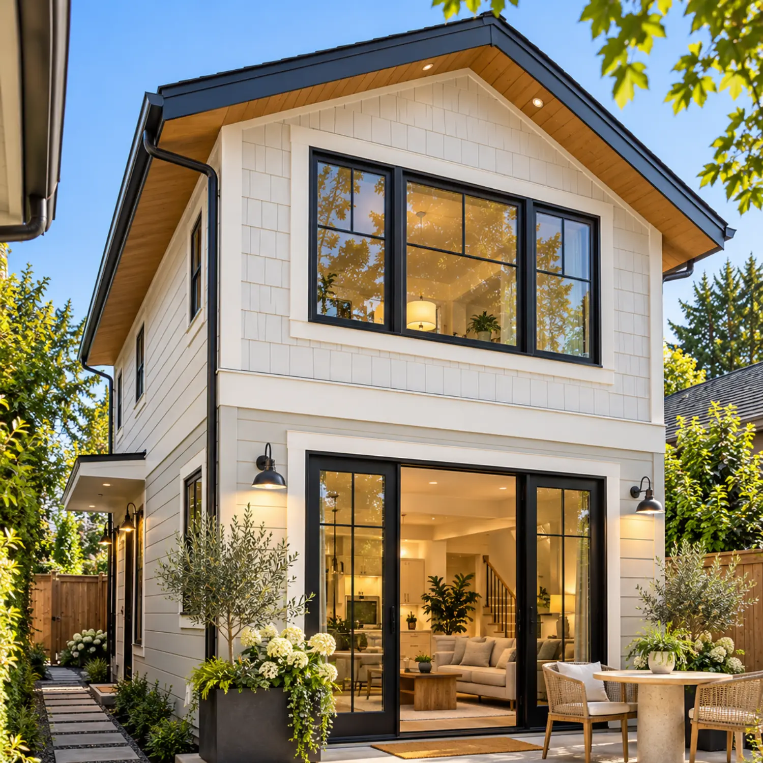 Modern two-story Ballard DADU design with white siding, black-framed windows, and a landscaped patio