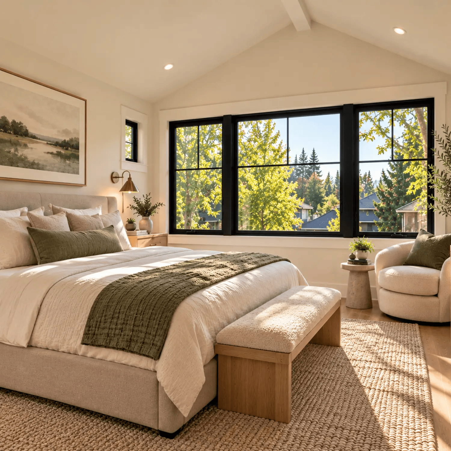 Bright second-floor bedroom in a modern Ballard DADU with vaulted ceilings, black-framed windows, and warm natural finishes
