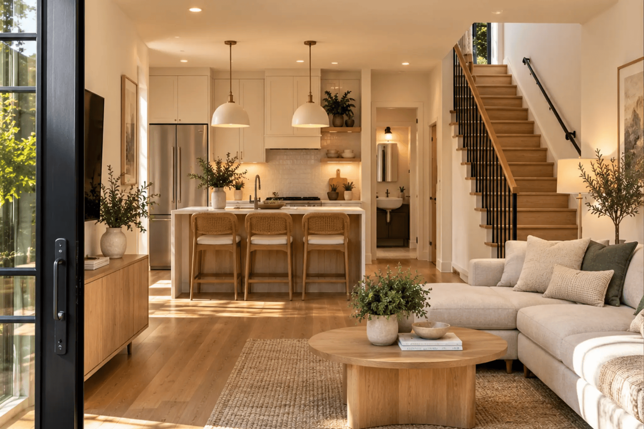 Ballard DADU interior in Seattle featuring an open-concept kitchen, living area, wood flooring, and staircase.