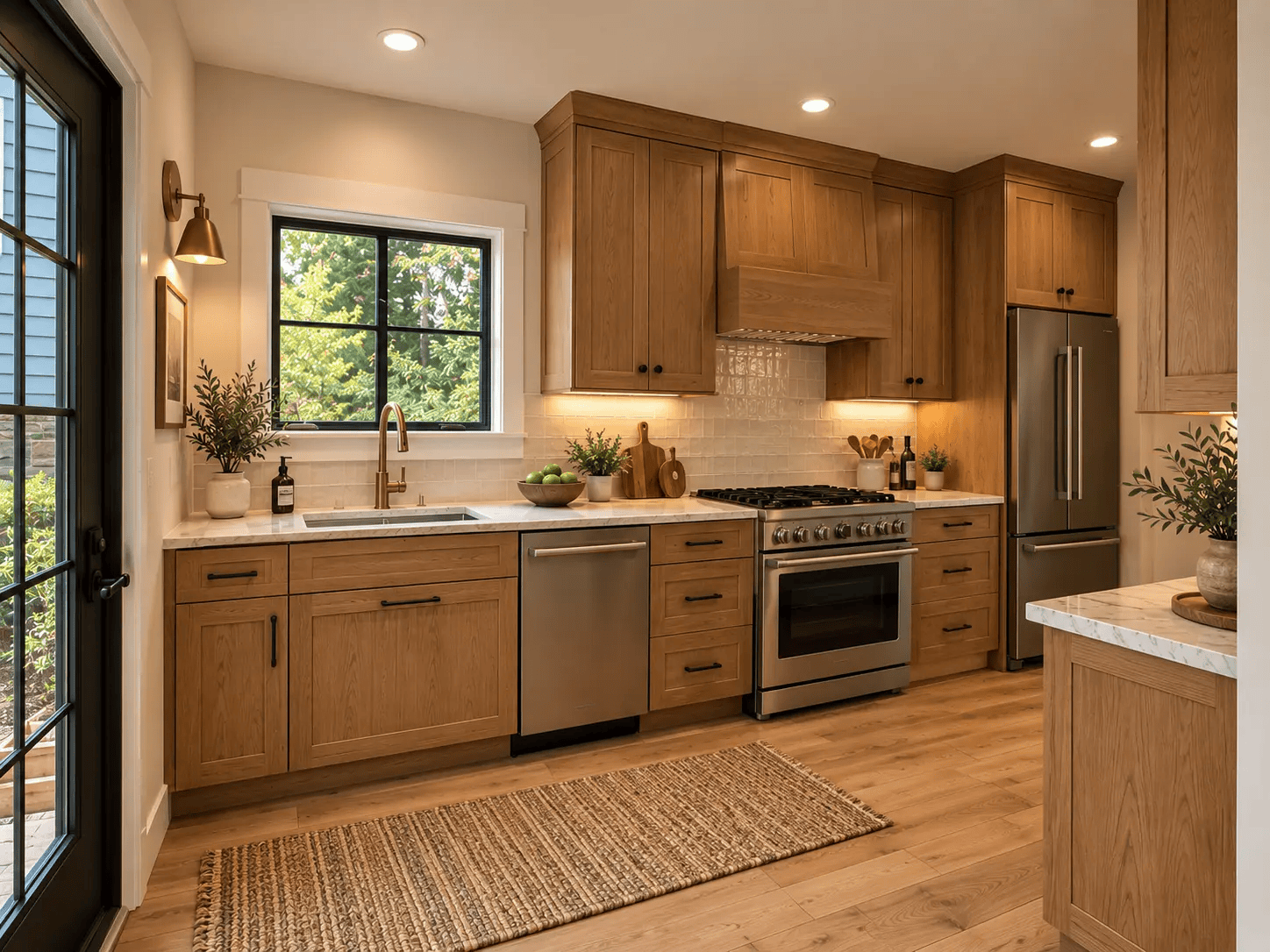 DADU kitchen with natural wood cabinets, stainless steel appliances, black-framed window, and warm wood flooring