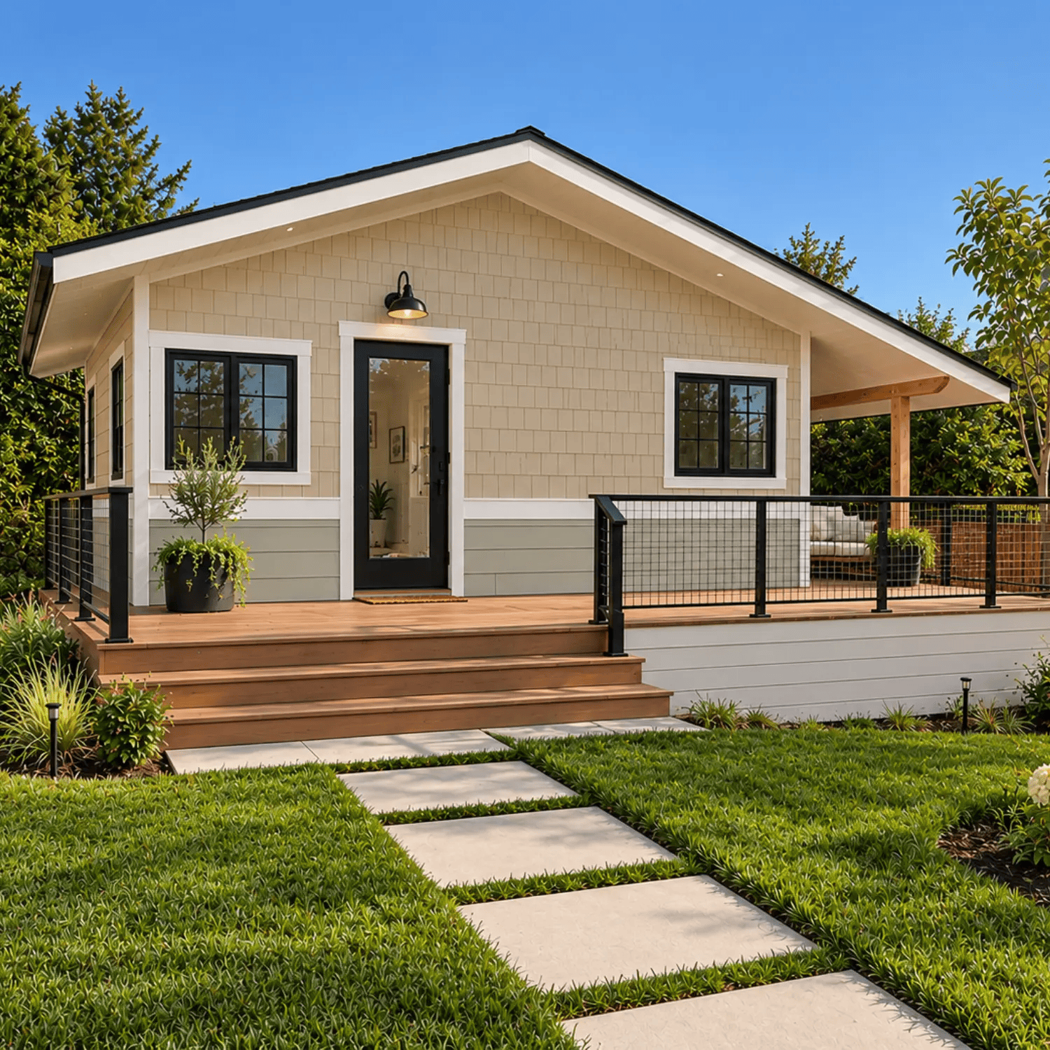 Finished backyard ADU cottage with sage green siding, cedar-style shingles, wood deck, and black hog wire railing in Seattle.