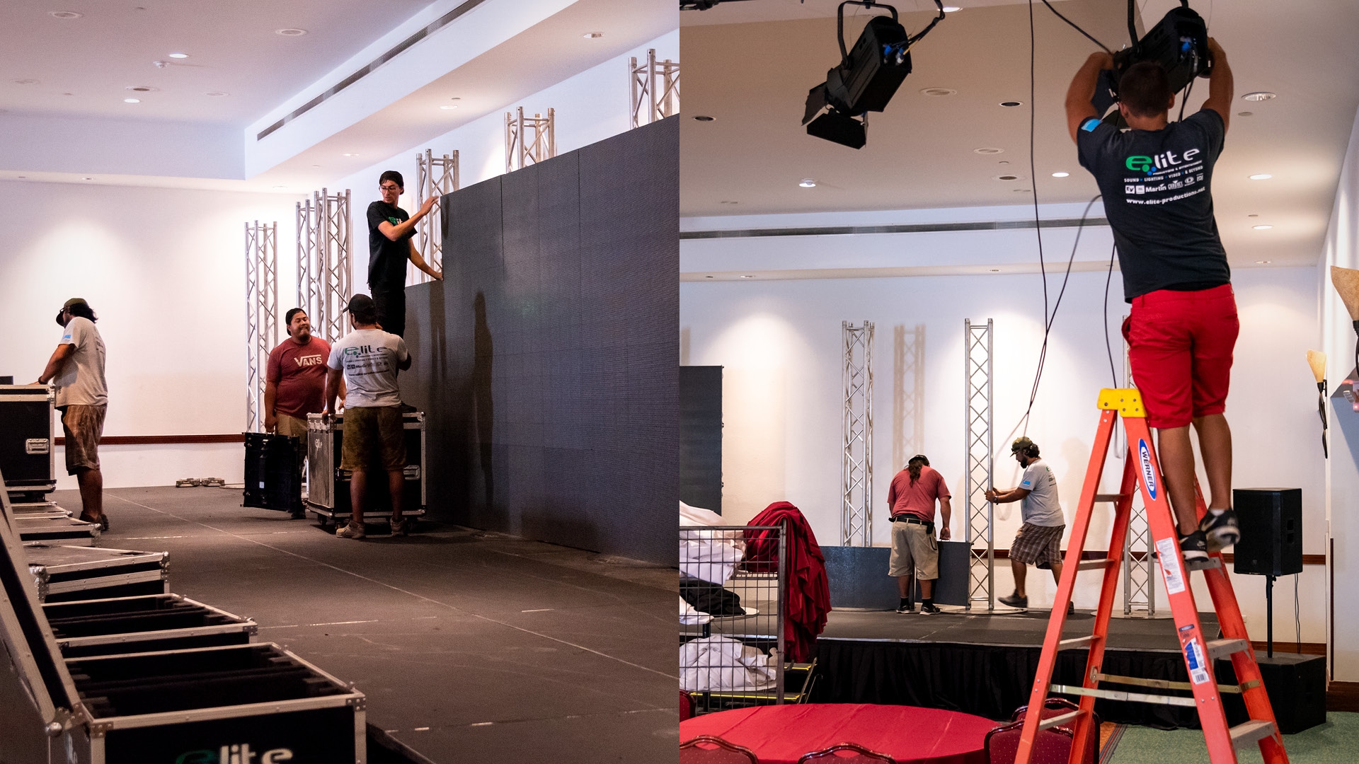 2-image-composite of stage, screen and lighting setup.