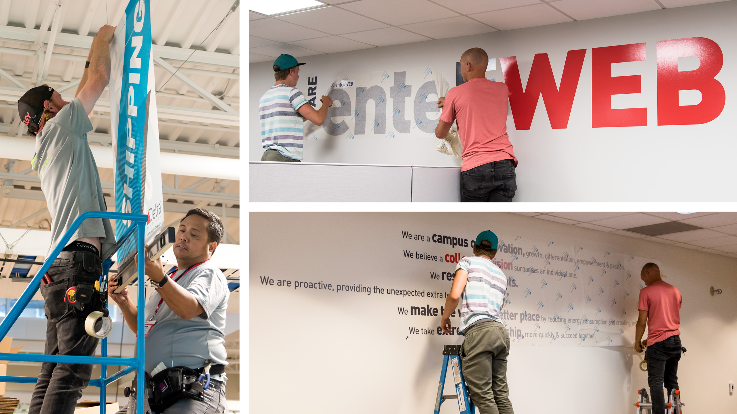 3-image-composite of wall mural, decal and hanging banners being installed.