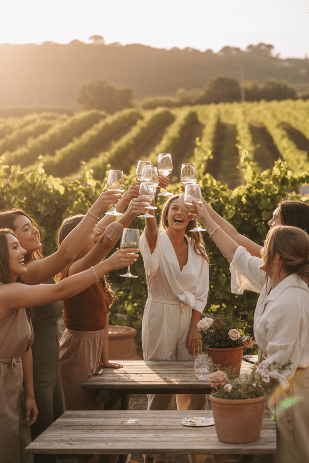 Group of women toasting wine glasses at a vineyard during golden hour for a bachelorette party celebration.