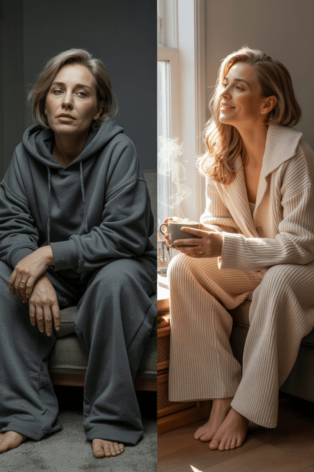 Before and after cream knit set co-ord transformation woman over 40, cozy luxury polished casual style