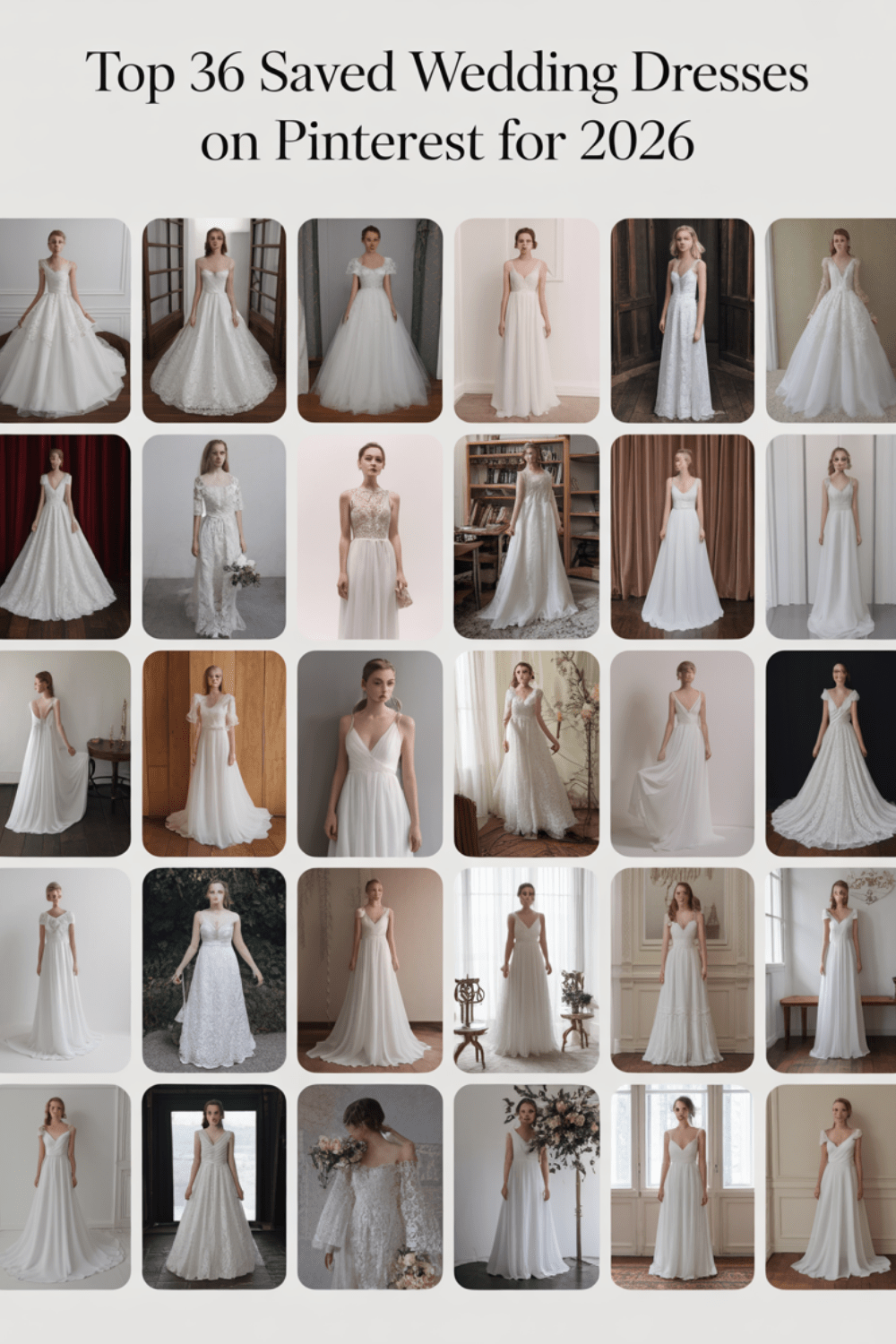 Collage of 36 most-saved wedding dresses on Pinterest for 2026, featuring A-line, tulle, lace, and minimalist bridal gowns.