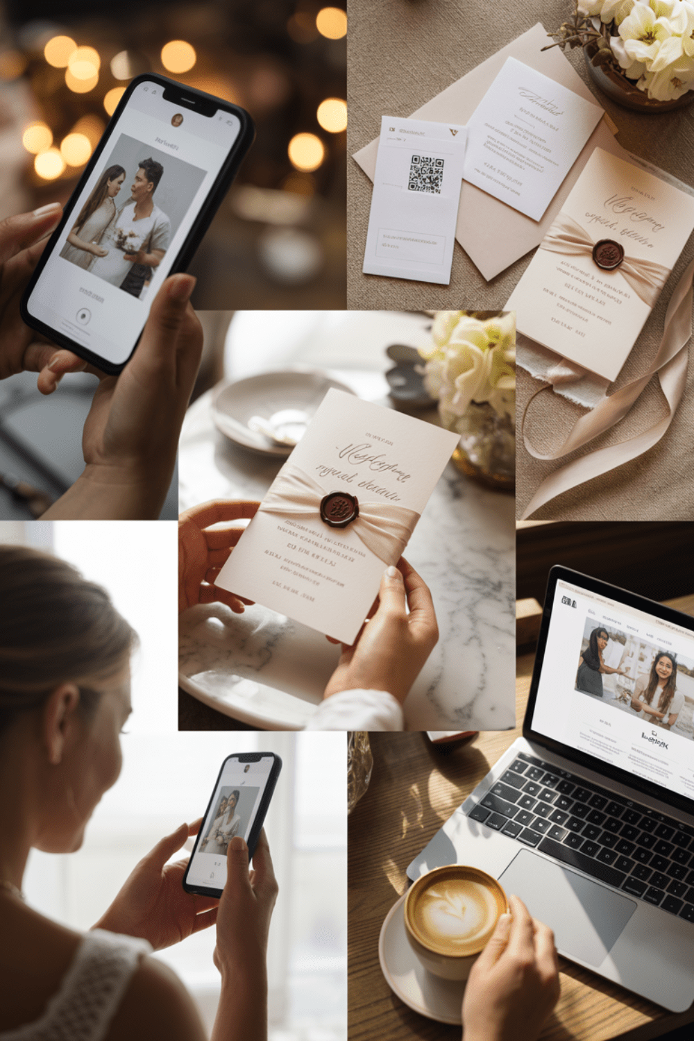 Collage of modern wedding invitation suite featuring cream cardstock, satin ribbon, burgundy wax seal, QR code RSVP card, and smartphone wedding website integration in warm natural lighting.