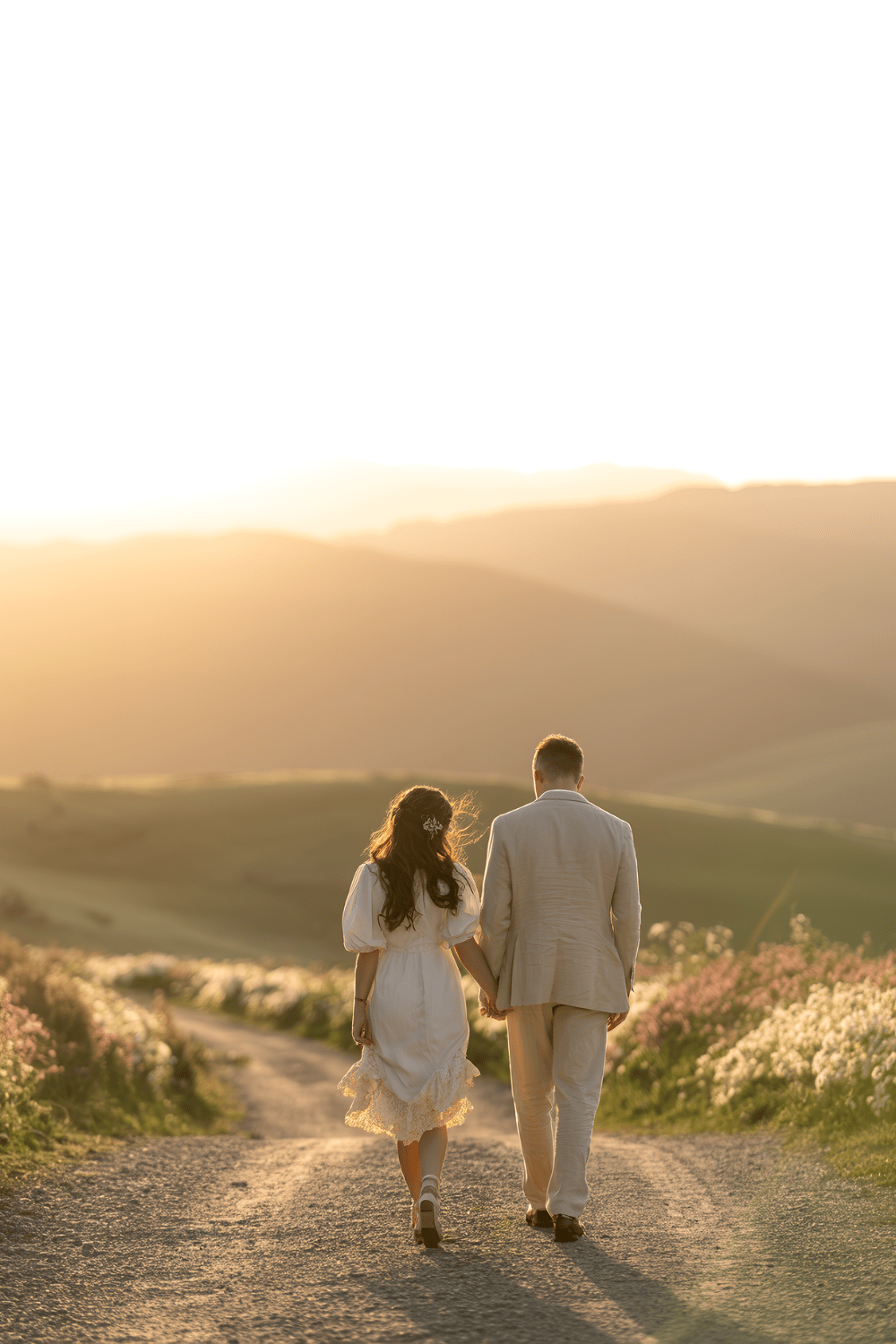 Engaged couple walking hand in hand at sunset symbolizing emotional transition, commitment, and the beginning of marriage before the wedding day