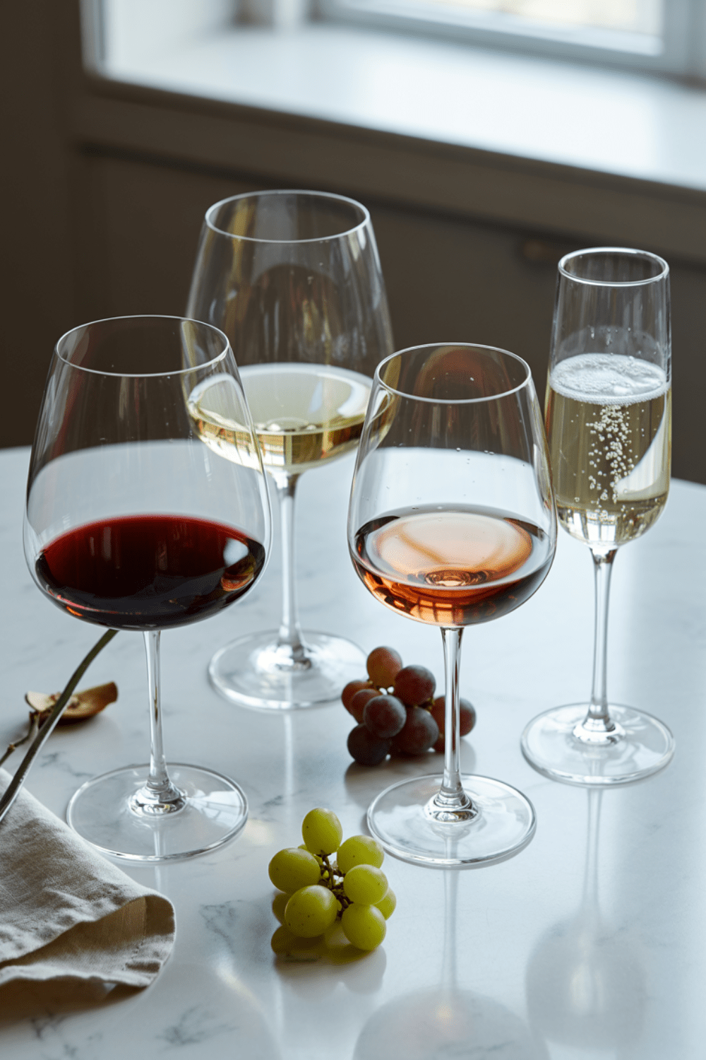 A vertical collage featuring four types of wine glasses filled with red, white, rosé, and sparkling wine on a marble surface with fresh grapes. Additional images show major grape varieties, wine pairing advice with candlelit dinner setting, wine regions guide flat lay with bottles, and a green cover graphic titled “Everything About Wine.”