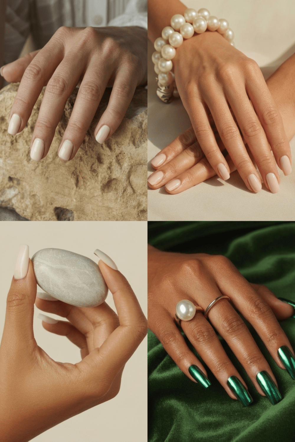 Nine nail shapes stacked in a vertical editorial column — Natural through Stiletto — in sheer nude gel on deep chestnut-brown skin, labeled in elegant script on a warm mauve-cream gradient background.