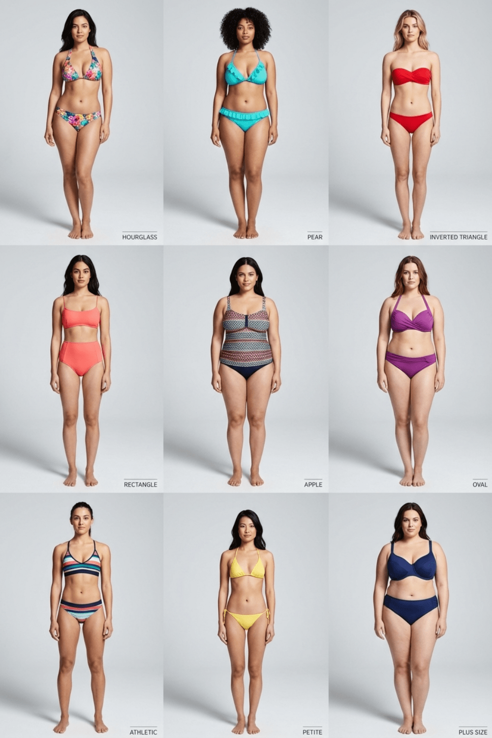 Hyper-realistic editorial studio composition, 9 diverse women standing in identical neutral studio lighting, each representing a different body shape: hourglass, pear, inverted triangle, rectangle, apple, oval, athletic, petite, plus size. Each woman wearing minimal fitted neutral outfit (beige tank + black shorts), clean background, evenly spaced in a 3x3 grid. Subtle thin label text near each silhouette (small, editorial style). Natural skin texture, realistic proportions, diverse ethnicities, body sizes, and ages. Soft shadow, high contrast.