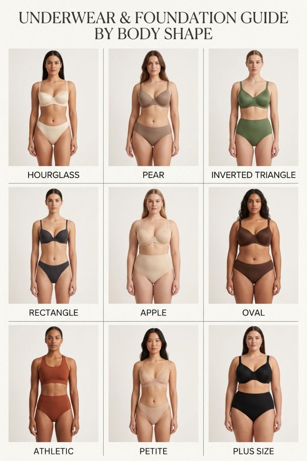 Collection of bra styles illustrating the best bra choices for different female body shapes.