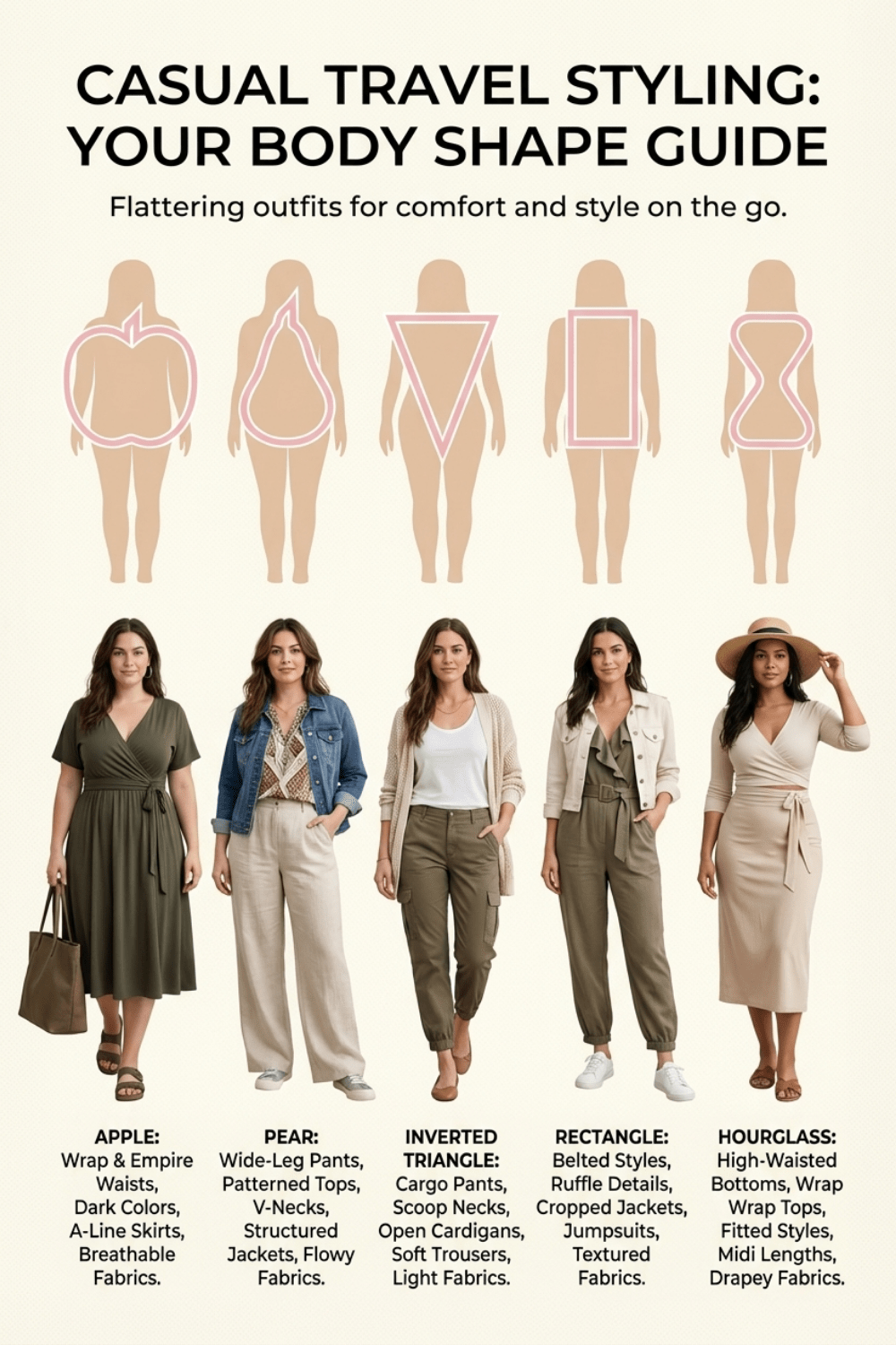 Casual travel styling guide showing five body shapes — apple, pear, inverted triangle, rectangle, and hourglass — each with a flattering outfit formula for travel comfort and style.
