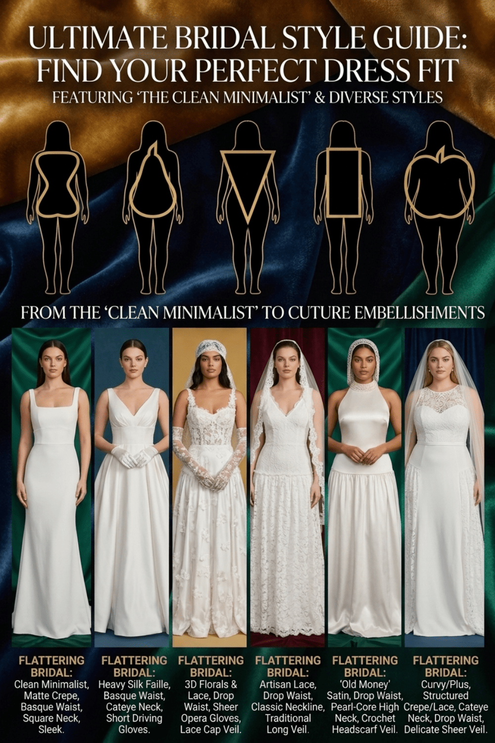 Six brides in 2026 wedding dresses representing different body shapes — from clean minimalist silk column to 3D floral lace ballgown — with body shape silhouettes and flattering dress details labeled for each figure type including plus size, hourglass, and pear.
