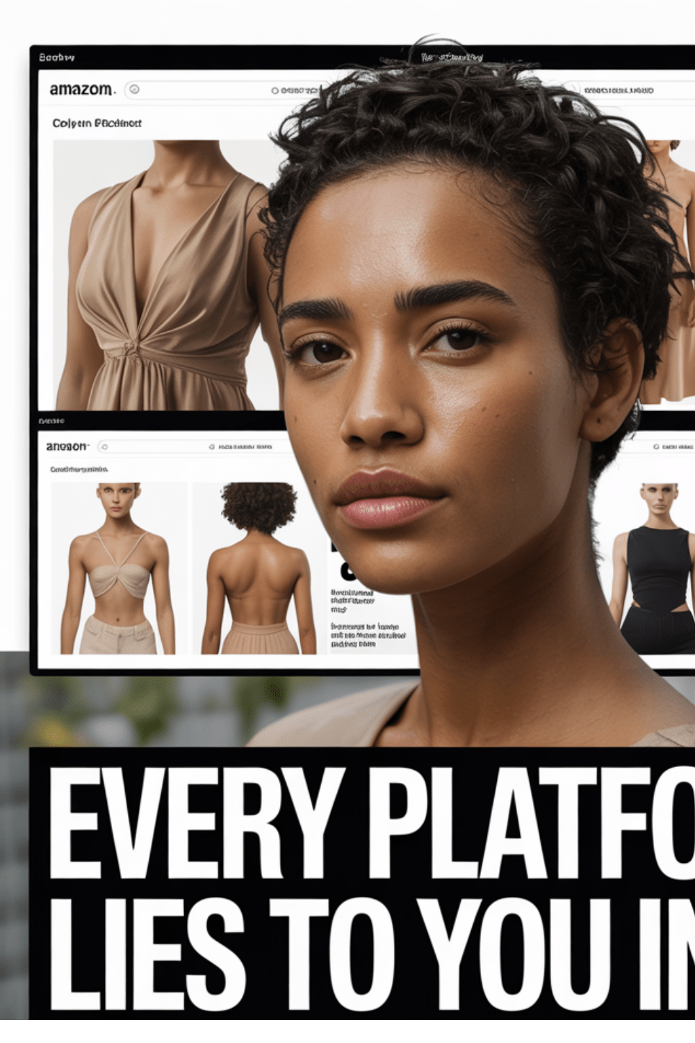 Woman in front of online fashion shopping pages showing different clothing fits and body shape styling.