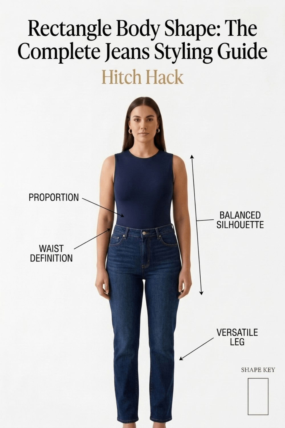 Woman shopping for jeans with examples of flattering denim for rectangle body shapes and an invitation to learn the complete styling method.
