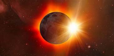 Imagen de un eclipse de sol, en donde se ve la luna tapando el sol y un círculo de una loz muy intensa