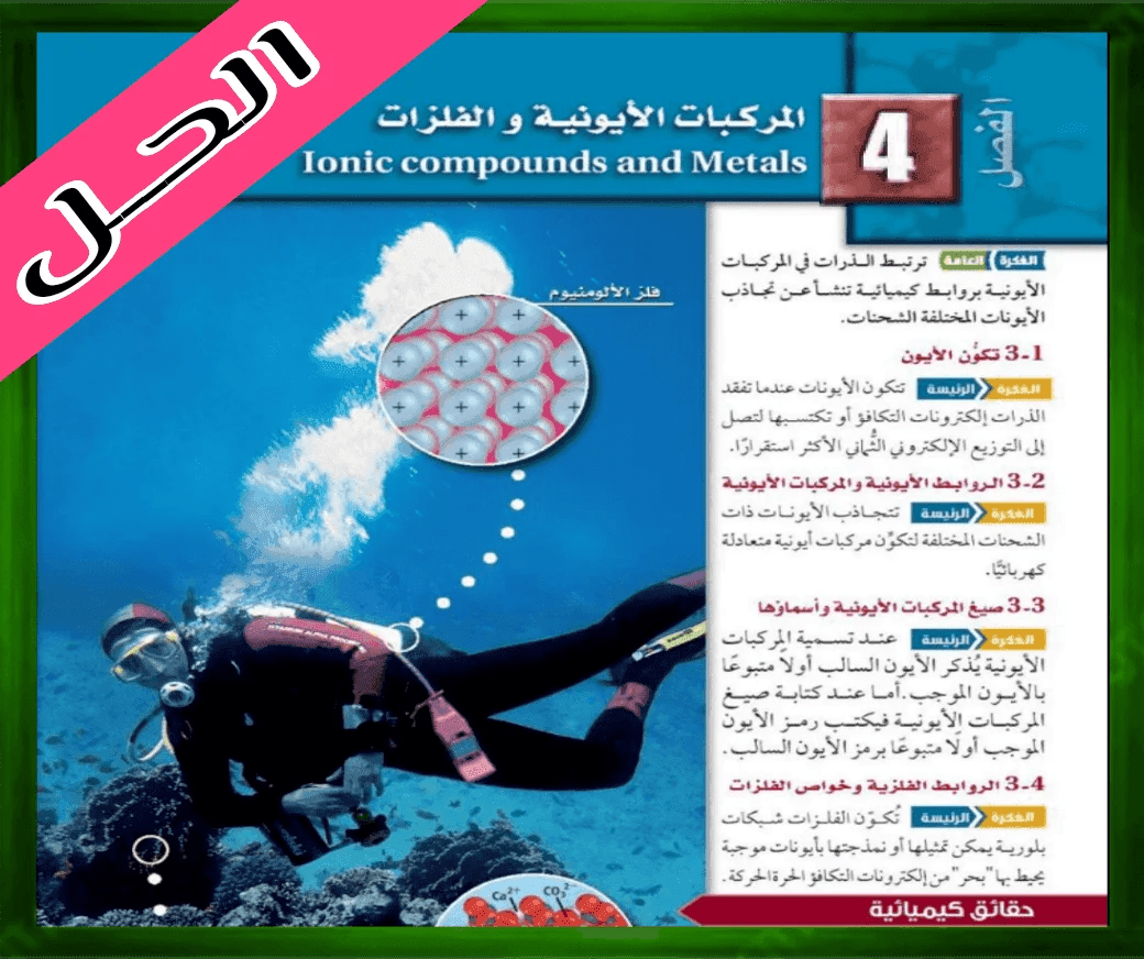 حل كتاب الكيمياء ثاني حل الفصل الرابع المركبات الأيونية والفلزات ثاني ثانوي 1445 ف1