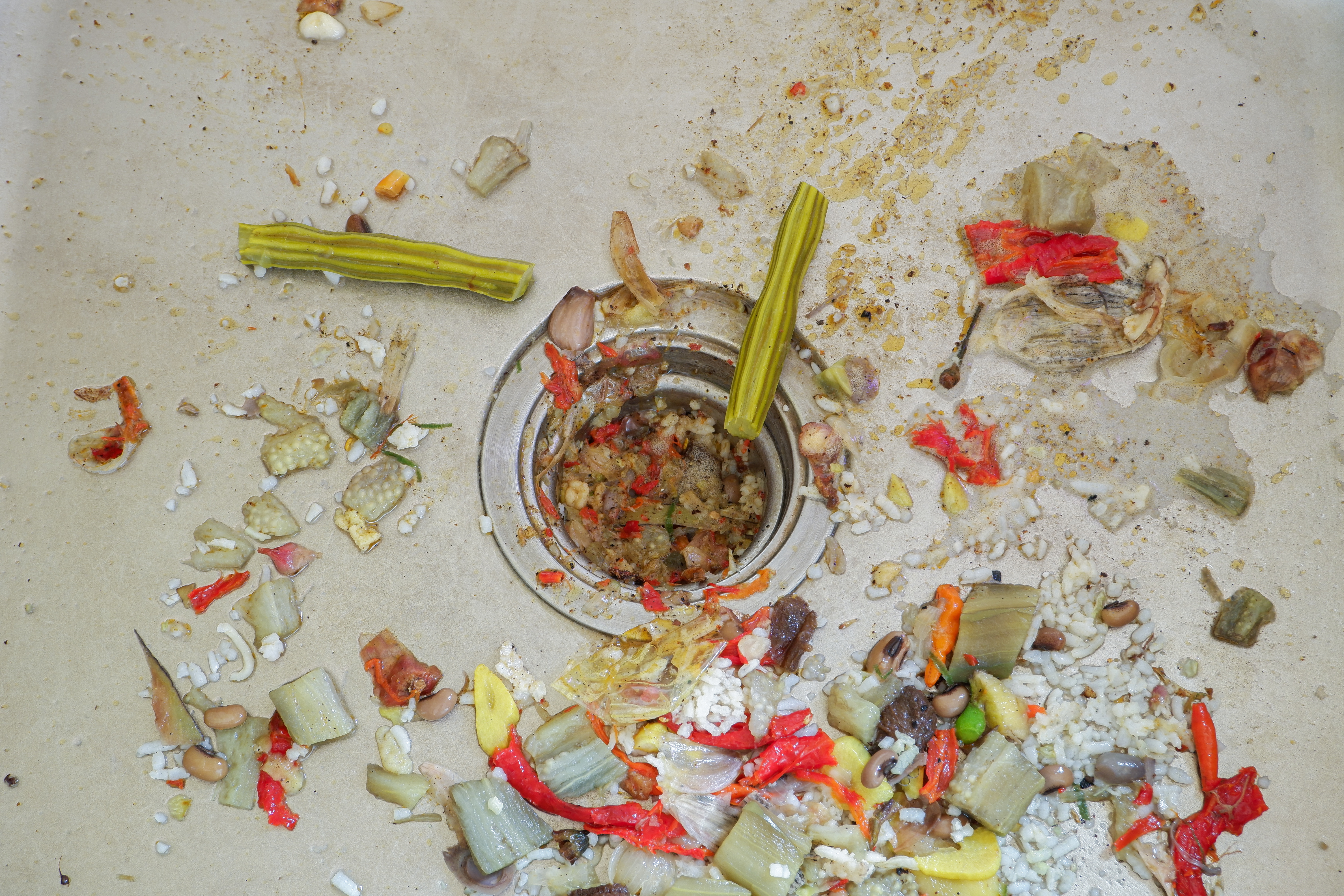 the sink is clogged with food residue. food waste can be used as natural compost