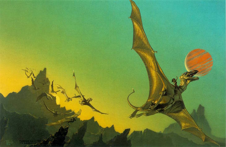 A painting shows Lessa riding her dragon.