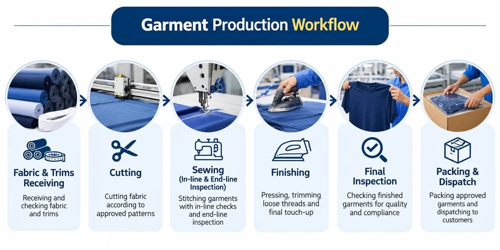 গার্মেন্টস ফ্যাক্টরিতে Quality Management System কীভাবে কাজ করে? 2 Garment Production Workflow Infographic