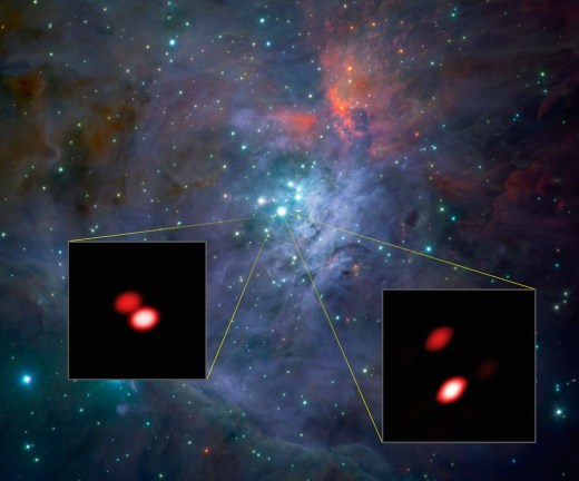 As part of the first observations with the new GRAVITY instrument the team looked closely at the bright, young stars known as the Trapezium Cluster, located in the heart of the Orion star-forming region. Already, from these first data, GRAVITY made a discovery: one of the components of the cluster (Theta1 Orionis F, lower left) was found to be a double star for the first time. The brighter double star Theta1 Orionis C (lower right) is also well seen. The background image comes from the ISAAC instrument on ESO's Very Large Telescope. The views of two of the stars from GRAVITY, shown as inserts, reveal far finer detail than could be detected with the NASA/ESA Hubble Space Telescope.