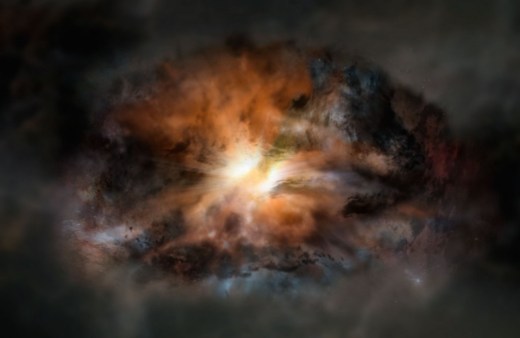 Artist impression of W2246-0526, a single galaxy glowing in infrared light as intensely as 350 trillion suns. It is so violently turbulent that it may eventually jettison its entire supply of star-forming gas, according to new observations with ALMA.