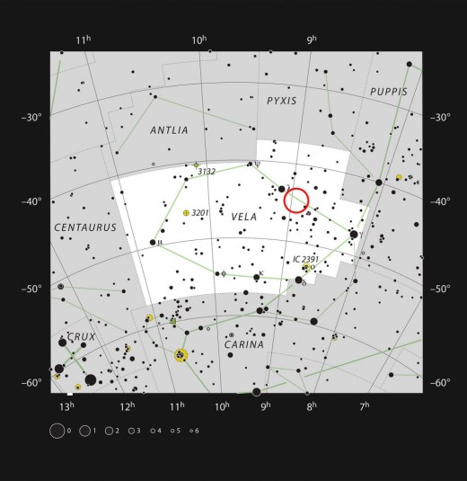 This chart shows the location of the aging double star IRAS 08544-4431 in the constellation of Vela (The Sails). All stars visible to the naked eye on a dark and clear night are shown. This star is visible with a small telescope as an unremarkable single faint point of light.