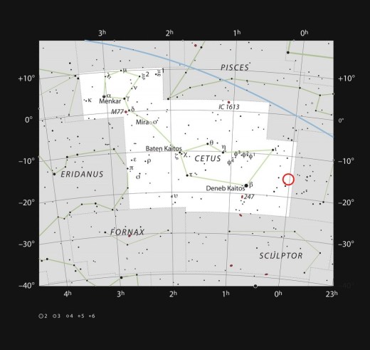 This chart shows the position of the faint, galaxy WLM in the constellation of Cetus (The Sea Monster). Most of the stars visible to the naked eye on a clear and dark night are shown. The galaxy itself has a very low surface brightness, it was discoved photographically in the early twentieth century and is very hard to spot visually.