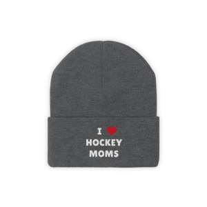 I Love hockey moms beanie, charcoal color, white background