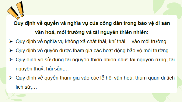 Giáo án điện tử KTPL 12 Chân trời sáng tạo Bài 13: Quyền và nghĩa vụ của công dân trong bảo vệ di sản văn hoá, môi trường và tài nguyên thiên nhiên | PPT Kinh tế Pháp luật 12