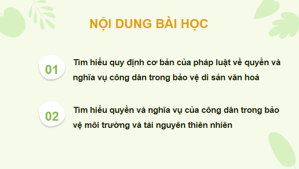 Giáo án điện tử KTPL 12 Chân trời sáng tạo Bài 13: Quyền và nghĩa vụ của công dân trong bảo vệ di sản văn hoá, môi trường và tài nguyên thiên nhiên | PPT Kinh tế Pháp luật 12