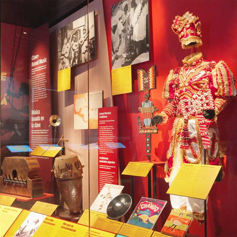 Display part of the “¡Puro Ritmo! The Musical Journey of Salsa” exhibit at the Molina Family Latino Gallery