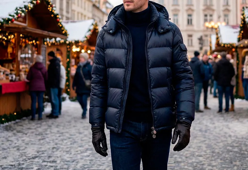 A close-up street style shot of a man walking through a festive outdoor European holiday market, wearing a navy blue hooded down puffer jacket layered over a dark turtleneck sweater, styled with dark denim jeans and brown leather gloves.