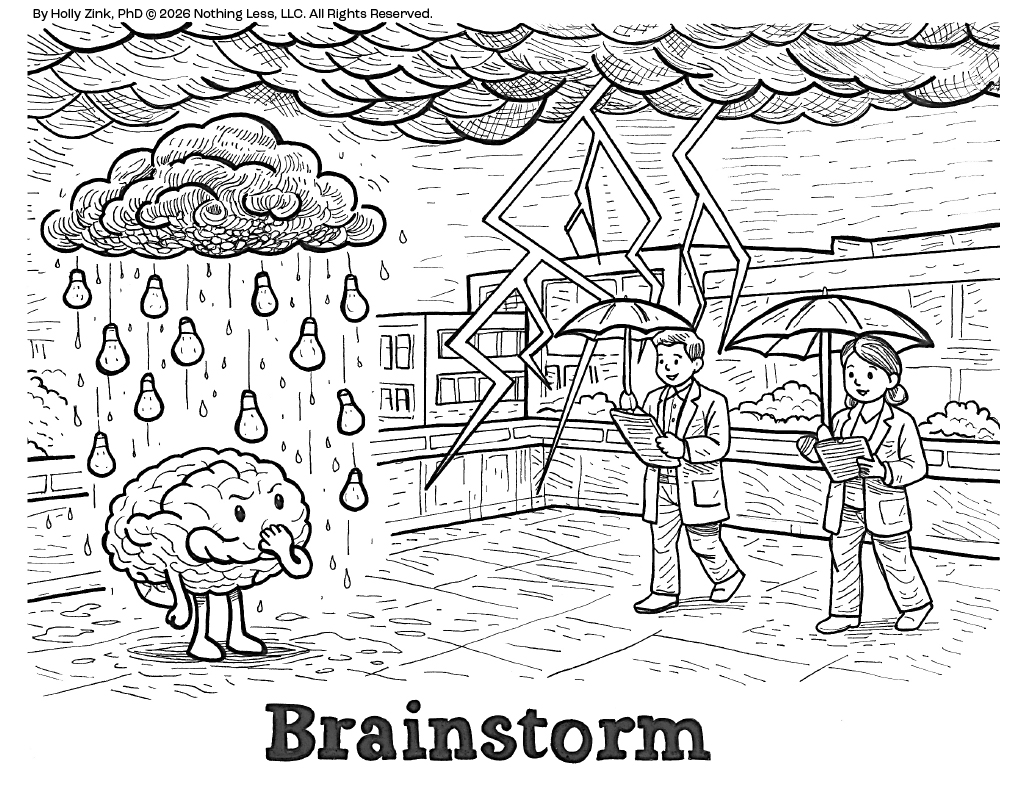 A brain sits beneath storm clouds filled with lightbulbs and flashes of inspiration.