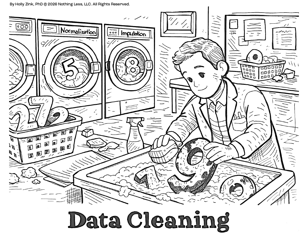 Scientists wash and dry datasets inside a laundromat.